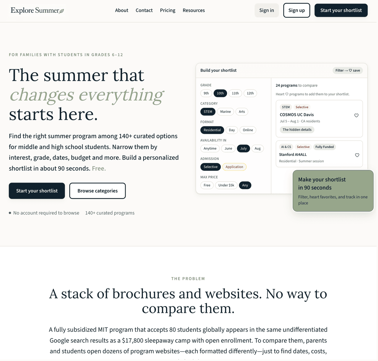 Explore Summer homepage with shortlist filters and program comparison cards