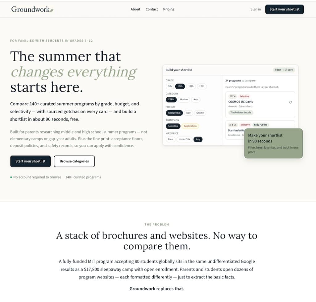 Groundwork summer programs explorer with filters and program comparison cards