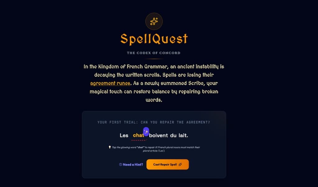 SpellQuest French grammar learning app with gamified repair spell interface
